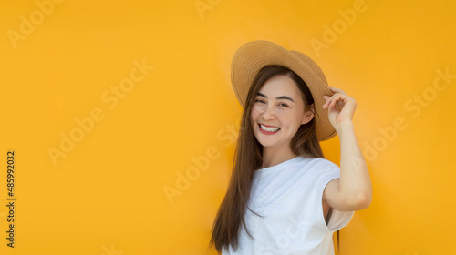asian woman model hapyp smile on yellow isolated background