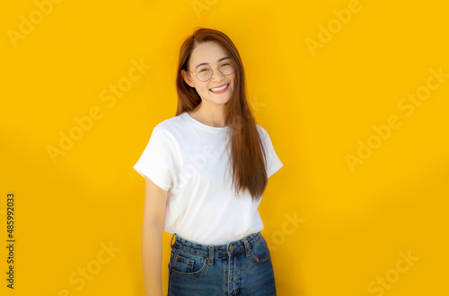 Portrait asian Woman against yellow Background