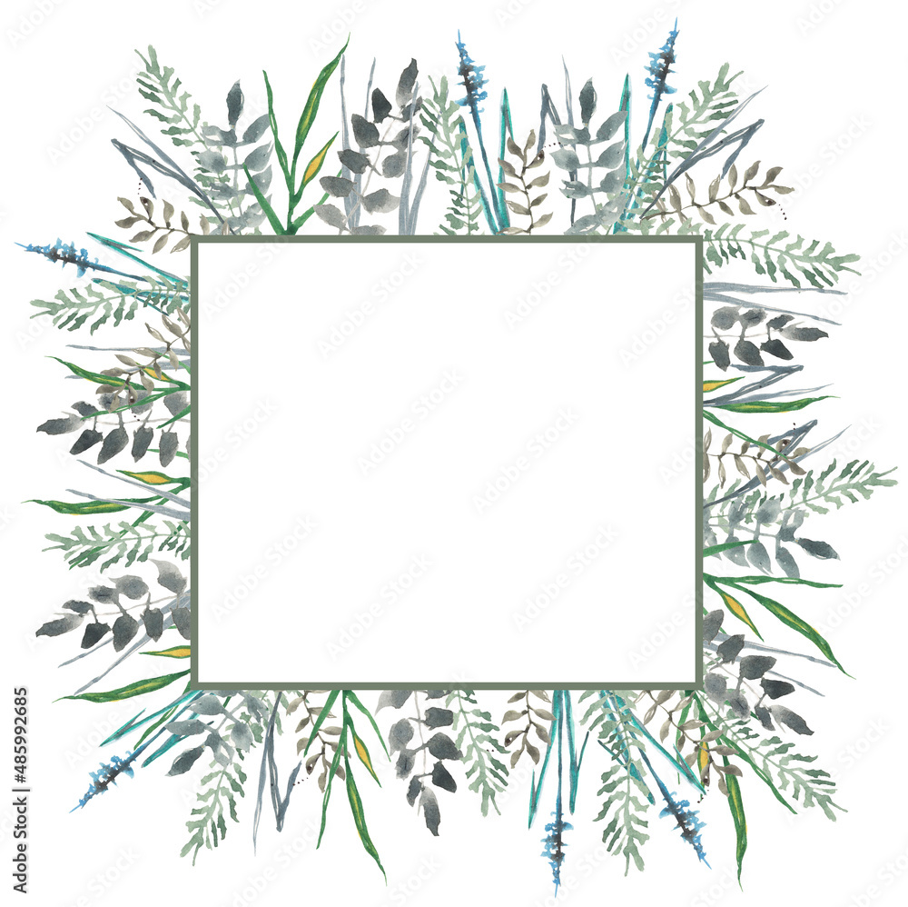 watercolor spring wreath, grass frame for postcards and invitations