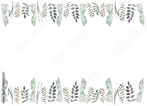 Fototapeta Naklejka Na Ścianę i Meble -  watercolor frame of spring gray green grass and leaves for invitations