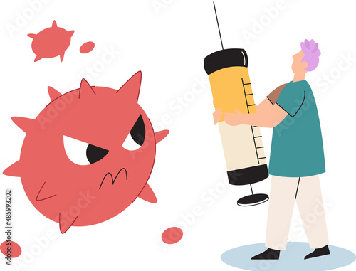 Scientist conducts scientific researches, virologist in lab, holding vaccine, syringe and wearing medical suit. Coronavirus vaccine complete development. Medicines for treatment, doctor with injection