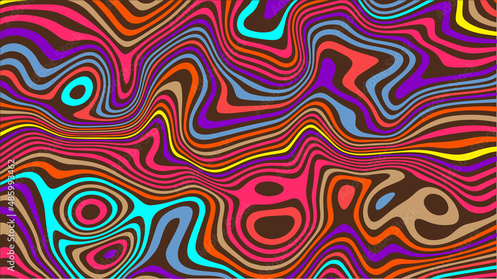 Psychedelic groovy background. Liquefy lines effect. Bright abstract wavy lines backdrop. Modern wavy multi colored groovy wallpaper.