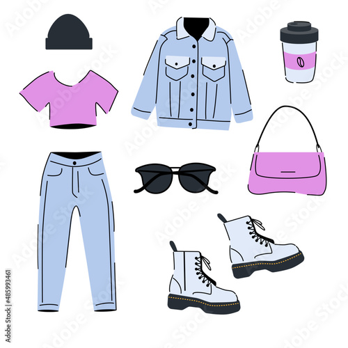 Set of clothes for young woman. Boots, jeans, bag and denim jacket. Trendy colors outfit for Spring.  Vector illustration.