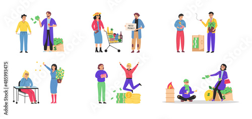 Rich and poor people concept. Happy smiling rich and unhappy sad poor persons. Social classes cartoon characters set isolated on white. Wealth and poverty, pauper, needy and moneybags businessman