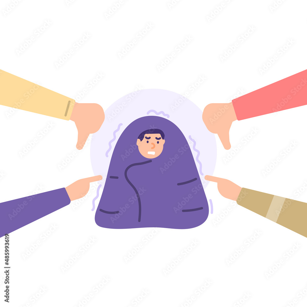 illustration of a man who is a victim of bullying. took cover in blankets out of fear and because they were often ridiculed and harassed. get pressure from the environment or social. flat cartoon