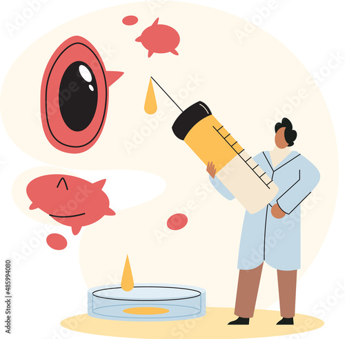Scientist conducts scientific researches, virologist in lab, holding vaccine, syringe and wearing medical suit. Coronavirus vaccine complete development. Medicines for treatment, doctor with injection