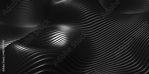 Parallel lines Black plastic tube texture Black curve distorted shape Modern abstract 3d illustration