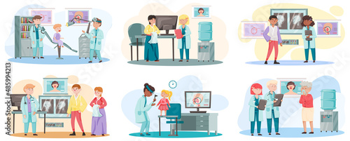 Otolaryngologist doctor with nose, ear and throat or ENT diagnostic and treatment instruments. Otology doctor with patient. Otorhinolaryngology healthcare medicine or otolaryngology diseases