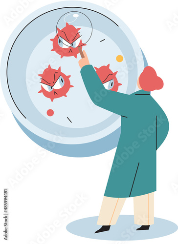 Virologist researching new virus, searching for antivirus and medication. Female doctor scientist uses magnifying glass to research. Viral laboratory. Medicine pharmaceuticals and health care
