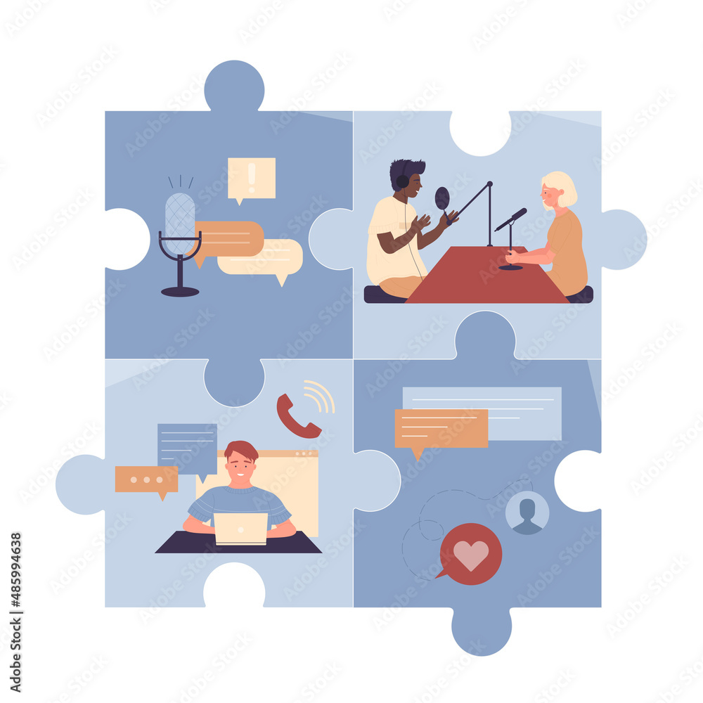 People listen and record audio podcast or online show in puzzle vector illustration. Cartoon speech of conversation of man with microphone and headphones and woman, person listening live show