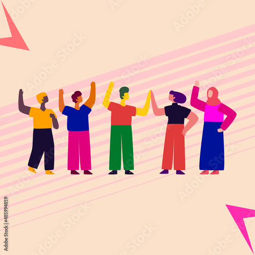Zero discrimination days and No Racism theme. For web, advertising, banners, and social media campaign. Equal rights. A group of friends of different races and genders. Isolated vector illustration.