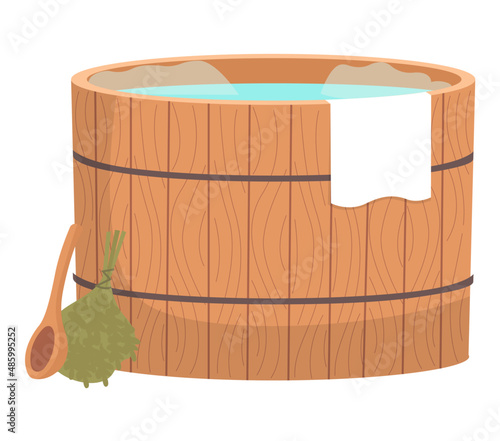 Wooden tub for bath. Pot, bucket with blue water. Cracks in boards. Sauna water basin icon. Bathhouse element bathtube. Wellness spa procedures in wooden water barrel. Vat made with plank isolated