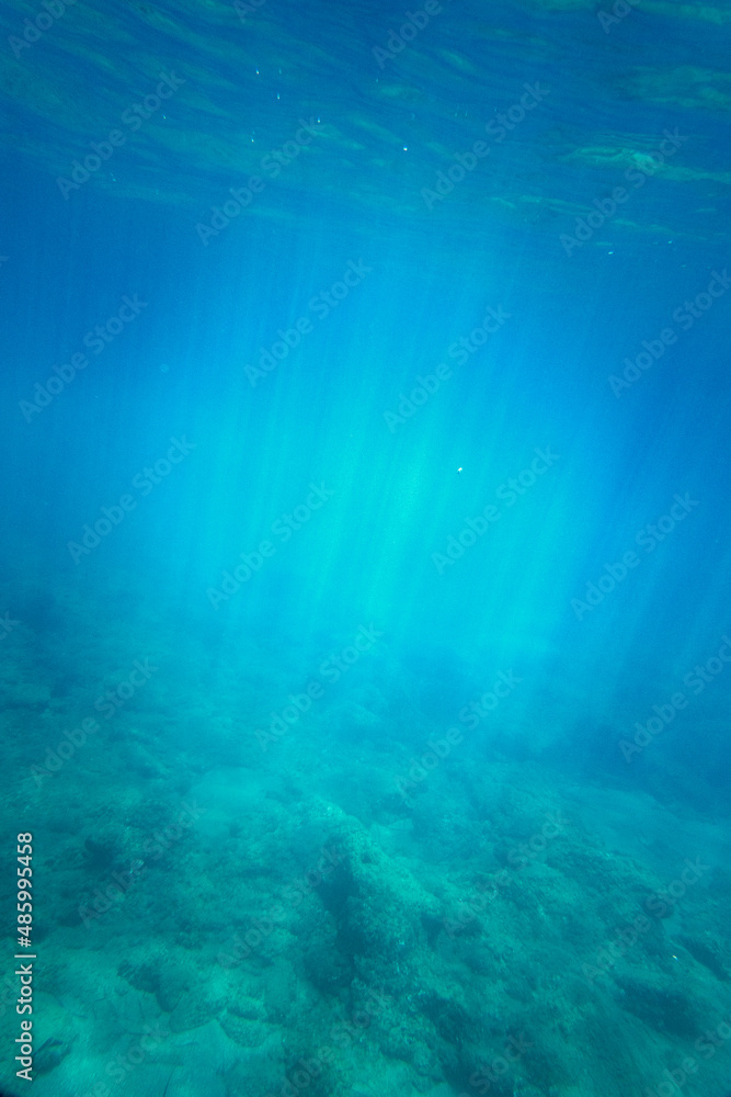 View of underwater sea with sunlight shining through surface