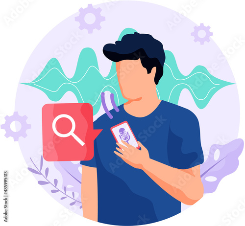 Voice assistant software agent perform tasks for user. Speaker recognition, vote controlled smart speaker. Man voice activated digital assistants, identification. Virtual assistant, sound robot