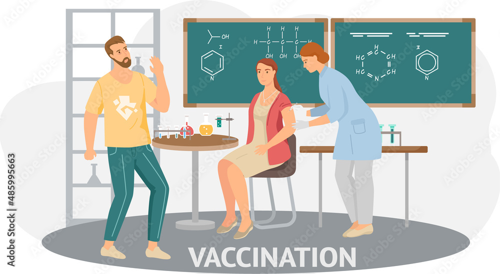 People vaccinated in arm set. Counteracting disease, increasing immunity, antiviral injection concept. Men and women of different professions show hand after injection. Vaccination, health care vector