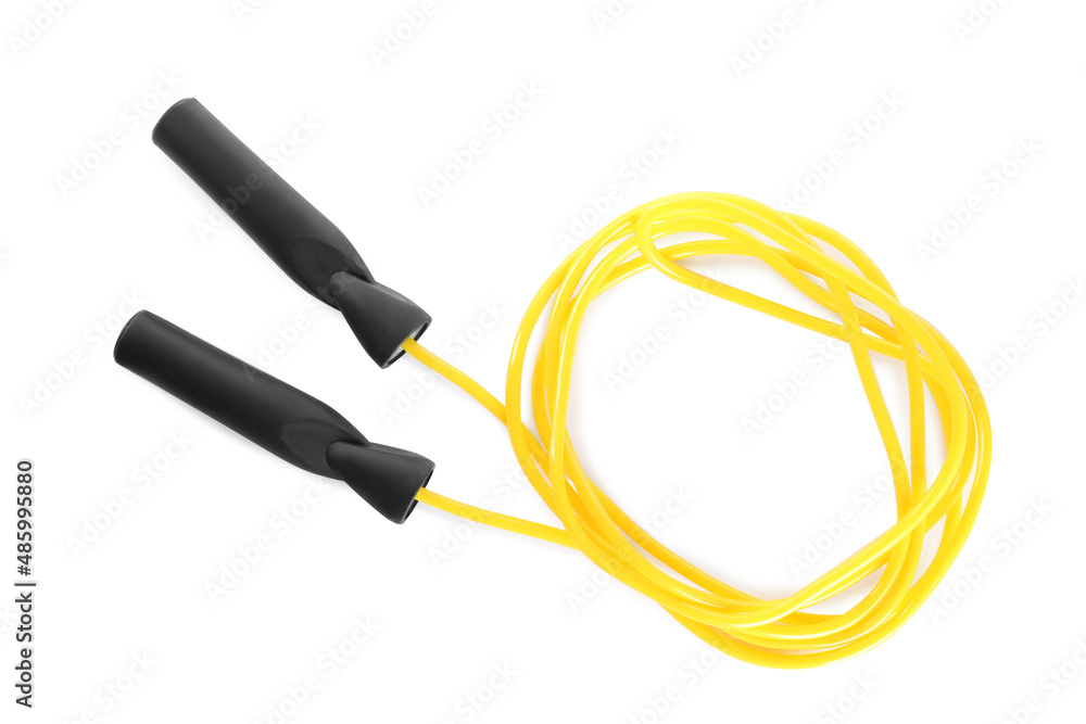 Yellow skipping rope on white background, top view. Sports equipment Yellow skipping rope on white background, top view. Sports equipment