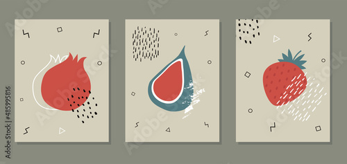 Abstract posters with fruits. Collection of contemporary art. Abstract elements, fruits for social networks, cards, prints. Memphis style pomegranate, figs and strawberry. Vector illustration
