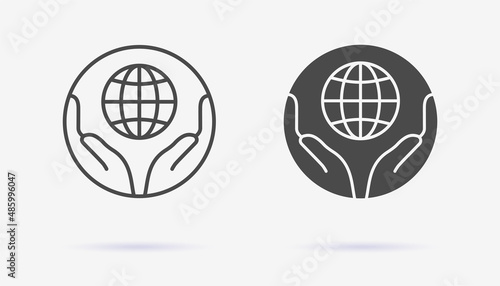 Globe in hands icon. Charity, environment logo template. Vector illustration.