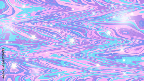 Marble unicorn abstract background. Liquid blue and pink watercolor texture with stars. Vector wavy illustration.