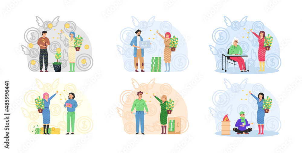 Rich and poor people concept. Happy smiling rich and unhappy sad poor persons. Social classes cartoon characters set isolated on white. Wealth and poverty, pauper, needy and moneybags businessman Rich and poor people concept. Happy smiling rich and unhappy sad poor persons. Social classes cartoon characters set isolated on white. Wealth and poverty, pauper, needy and moneybags businessman