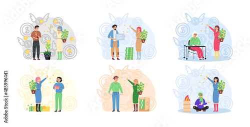 Rich and poor people concept. Happy smiling rich and unhappy sad poor persons. Social classes cartoon characters set isolated on white. Wealth and poverty, pauper, needy and moneybags businessman