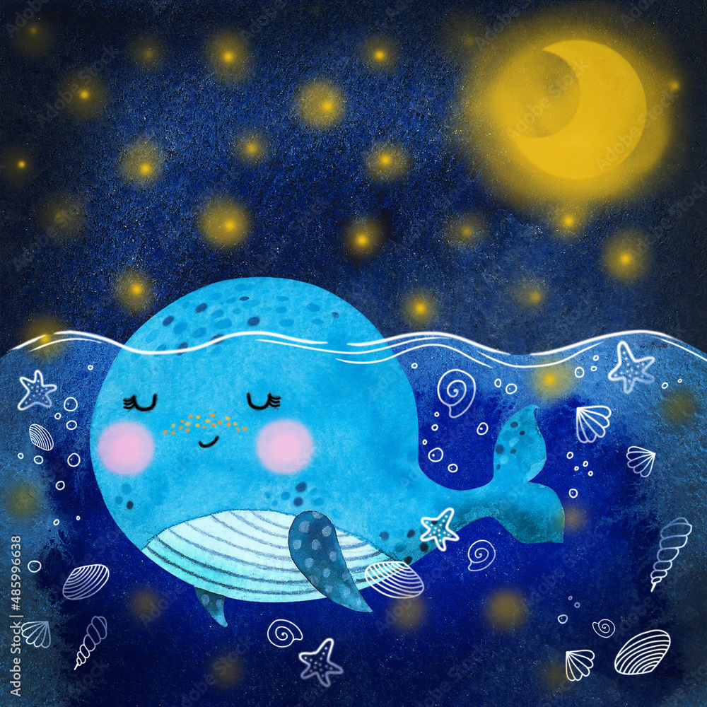 Watercolor cartoon baby whale in a sailor hat and yellow moon. Under the sea on a starry night. Hand draw isolated illustrations.