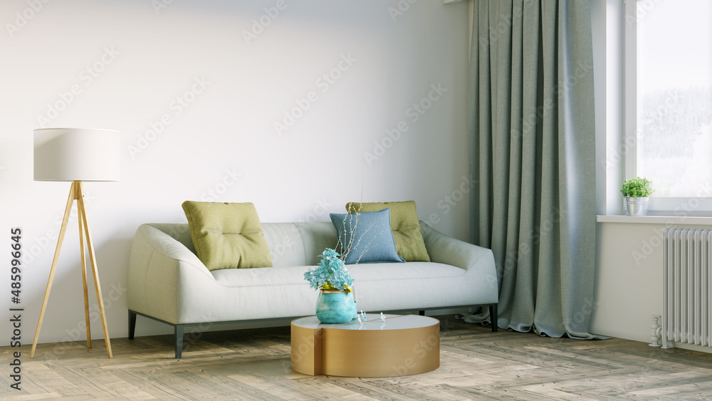 Obraz premium Beautiful interior of a modern room. Bright and clean design. A sofa standing by a large window against a wall background. 3D rendering