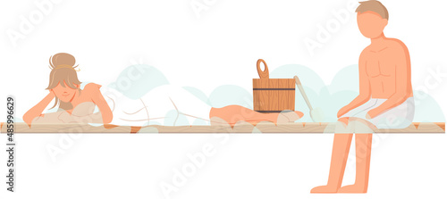 Cartoon people characters taking steam bath together. Flat vector illustration. Woman and man enjoying baths and steam, hammam with sauna whisk. Relax, health, bathhouse concept, wellness procedure