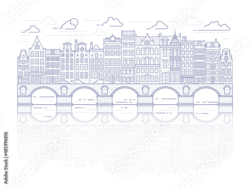 Amsterdam old style houses. Typical dutch canal homes lined up near a canal in the Netherlands. Building and facades on bridge. Vector outline illustration.