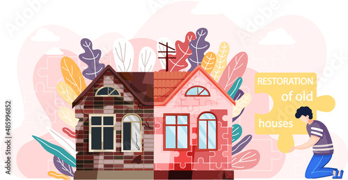 Home house repair renovation service. Before and after creative concept, restoration of old building. Contractor standing in front of home before and after overhaul. Reconstruction of cottage facade