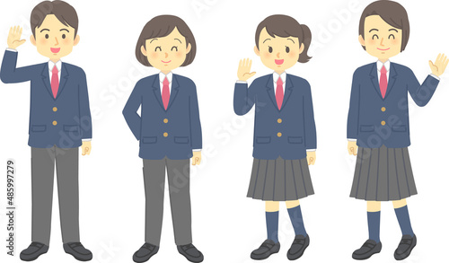 イラスト素材：ジェンダーレス学生服のセット（4種類/全身/手足と表情の動きあり）
