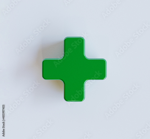 Green plus sign on white background for symbol of hospital or insurance health care and positive thinking concept by 3d rendering.