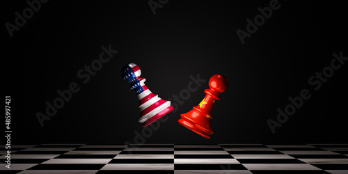 Battle between USA chess and China chess on chessboard for military and trade war , United States of America and China have many competition to get leadership by 3d rendering.