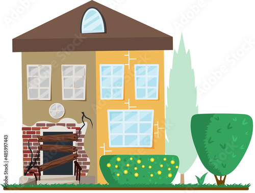 Home renovation, house before and after repair. New and old suburban cottage. Remodel construction. Old run-down house remodeled into cute traditional suburban cottage. Building maintenance service