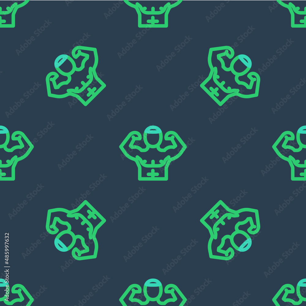 Fototapeta premium Line Bodybuilder showing his muscles icon isolated seamless pattern on blue background. Fit fitness strength health hobby concept. Vector