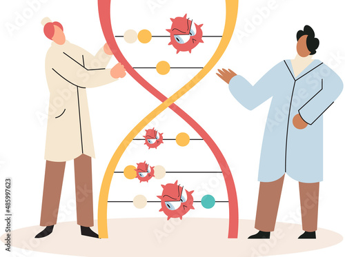 Virologists studying new virus in lab, holding sample in tube. Scientist conducting scientific researches. Antivirus vaccine complete development. Pharmaceutical investigation in laboratory
