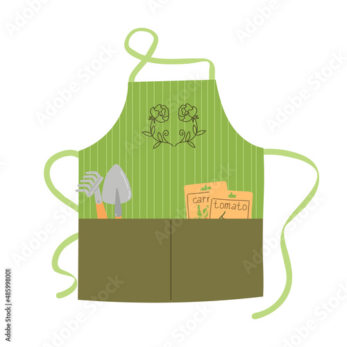 Colorful garden apron with flat drawing. Vector illustration isolated on a white background. Protective clothing for farming or gardening. Small shovel, rakes and seeds in pockets.
