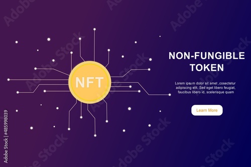 NFT non fungible token infographic with lines and dots network on dark background. Pay for unique collectibles in games or art. Flat vector illustration of NFT with blockchain technology for banner.