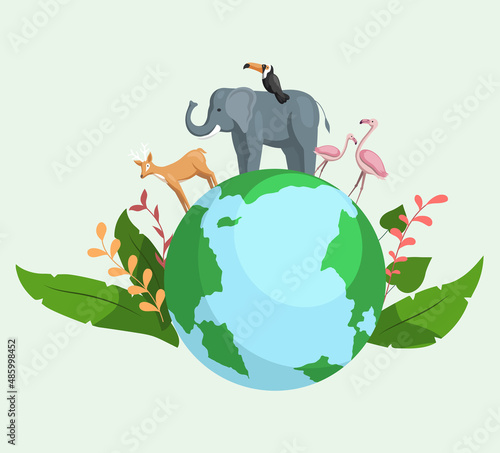 Biodiversity as natural wildlife species or fauna protection concept. Animals on planet, animal shelter, wildlife sanctuary. World environment day on earth planet. Ecology and endangered bio life