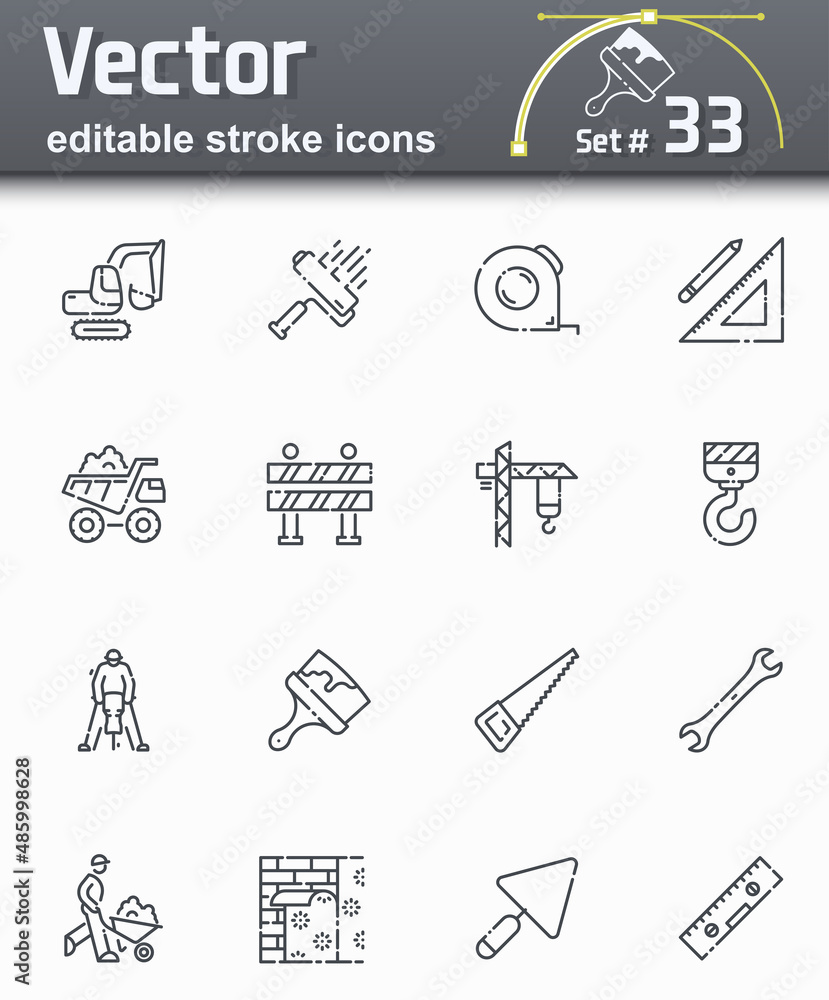 Set of editable stroke vector construction line icons isolated Set of editable stroke vector construction line icons isolated