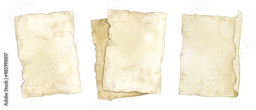 Set of watercolor illustrations of old paper sheets isolated on white background.