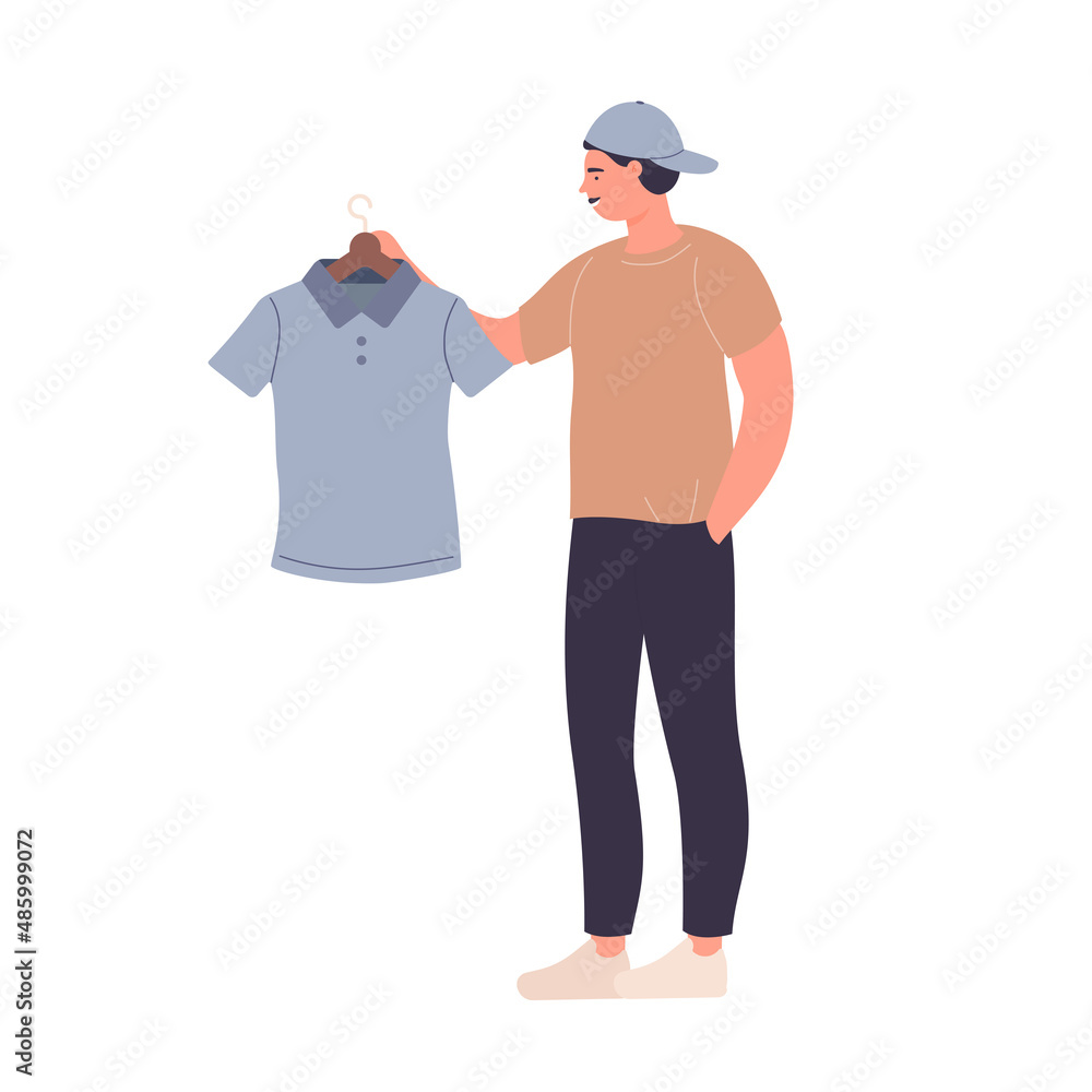 Standing cool man in sportive clothes buying new t shirt. Short sleeve polo shopping time cartoon vector illustration