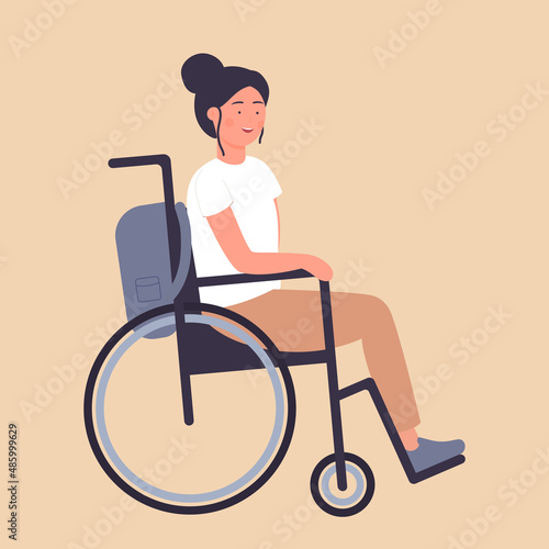 Smiling happy disabled girl in wheelchair. Attractive handicapped lady in medical chair cartoon vector illustration