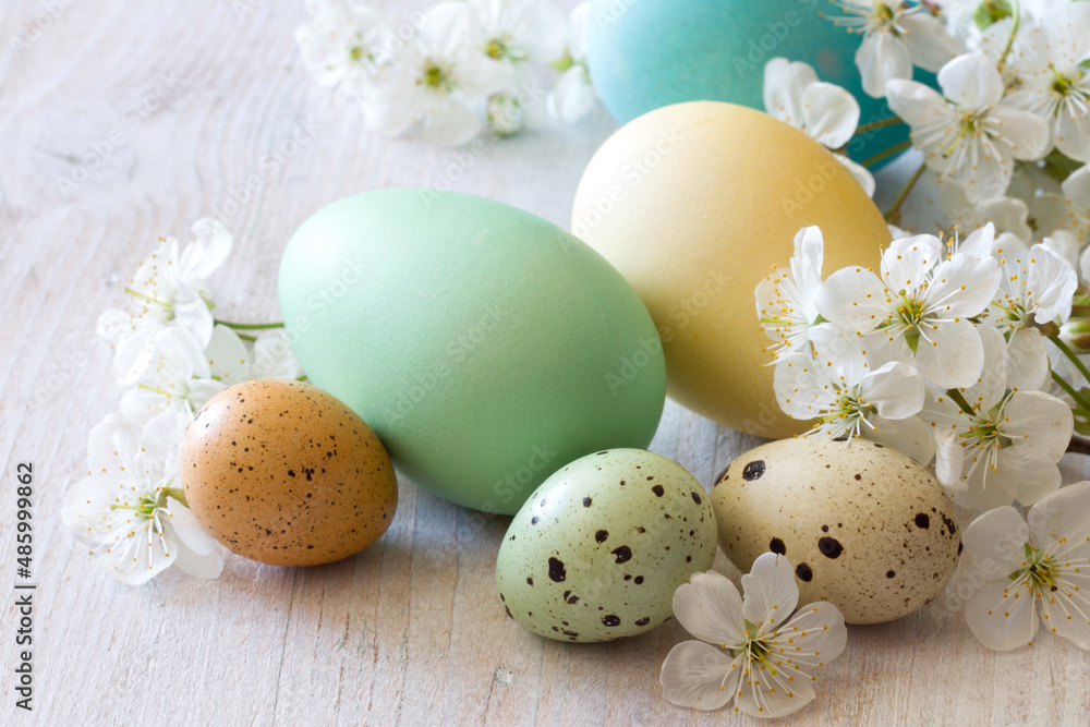 Easter composition, eggs and flowers on white wooden background