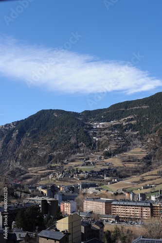 Encamp town in the Valira d'Orient river valley at the foot of Grandvalira resort in Andorra in Pyrenees mountains range in winter