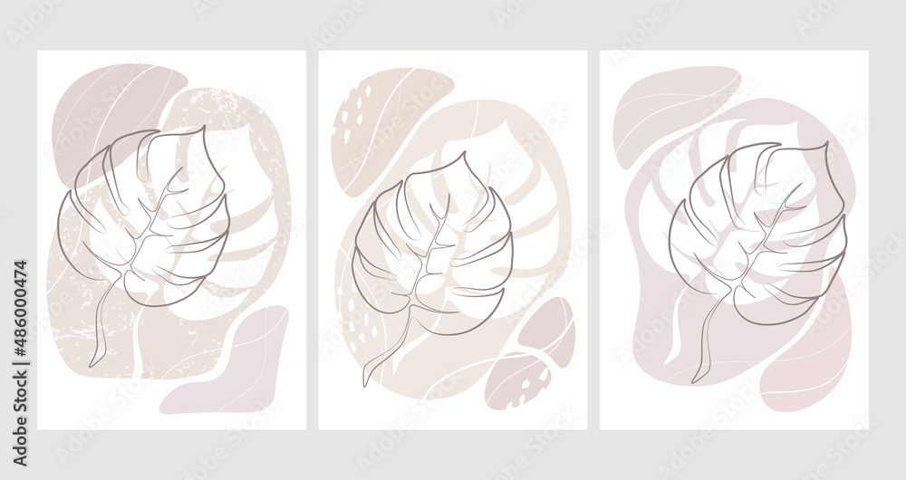 A selection of beige covers with a hand-drawn monstera leaf, abstract spots with lines.