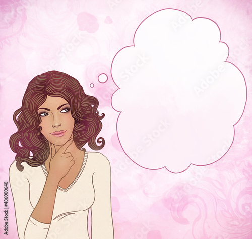 Beautiful woman with blank thought bubbles on watercolor pink background. Ready for your own words.