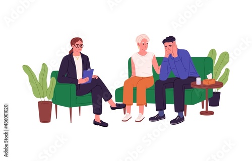 Couple at psychotherapy mental health session. Psychologist counseling family. Man, woman on couch at psychological consultation on relationship. Flat vector illustration isolated on white background