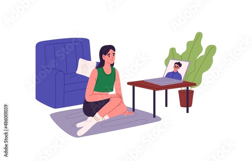 Online therapy session with psychologist. Woman with psychology mental problem counseling with psychotherapist through internet, video call. Flat vector illustration isolated on white background
