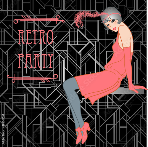 Flapper girl: Retro party invitation design. Vector illustration. Great Gatsb...